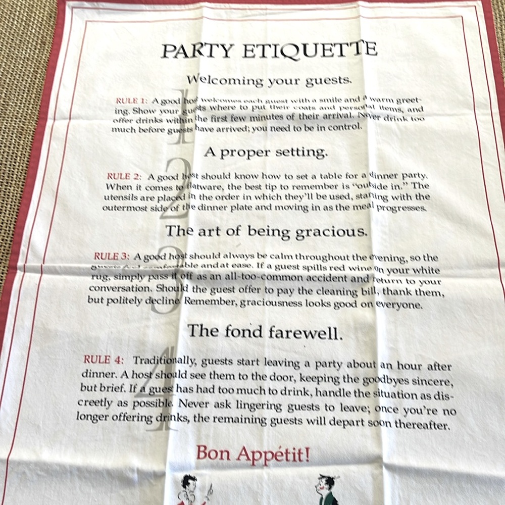 Party Etiquette tea towel for the hostess!